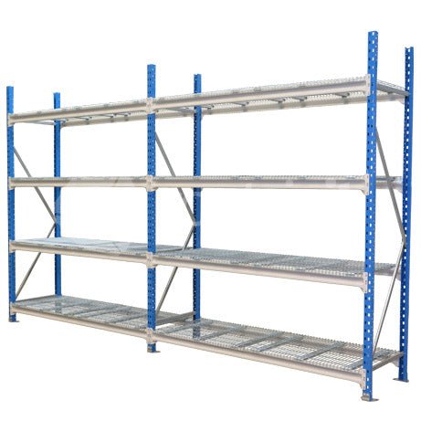 1800mm Long Storeman® Longspan Shelving with Mesh Decks - 400mm Deep Starter Bay (inc. 4 shelves) - Containit Solutions