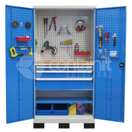 1010 Series Storeman® Workstation Cabinets with Metal Doors - 3 Drawer Workstation with 1 Shelf - Containit Solutions