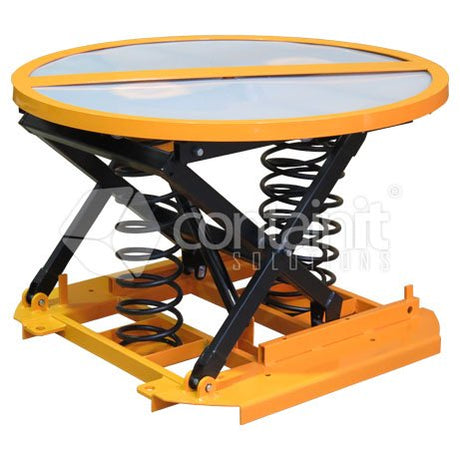 Spring Lift Pallet Positioners with Turntable - Yellow Powdercoated Spring Lift Positioner - Containit Solutions