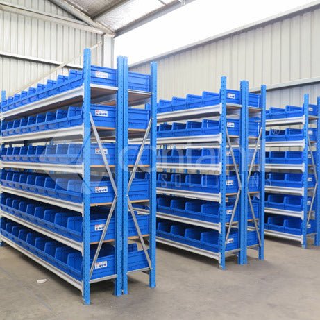 Storeman® Longspan Shelving with Small Buckets - Longspan Starter Bay - Containit Solutions