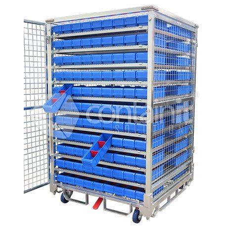 1800 Logistics & Storage Cage with Small Parts Bins - Logistics & Storage cage with 198 Small Bins & Shelves to suit - Containit Solutions