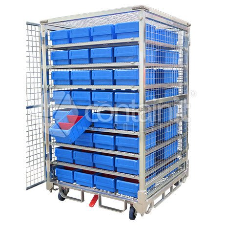 1800 Logistics & Storage Cage with Small Parts Bins - Logistics & Storage cage with 64 Large Bins & Shelves to suit - Containit Solutions