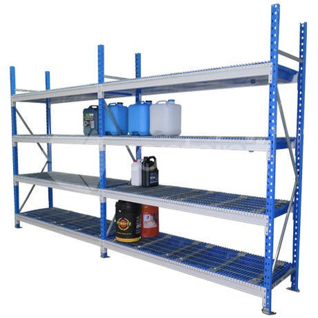 Bunded Storeman® Longspan Shelving - Starter Bay – Includes 4 Bunds and Mesh Decks - Containit Solutions