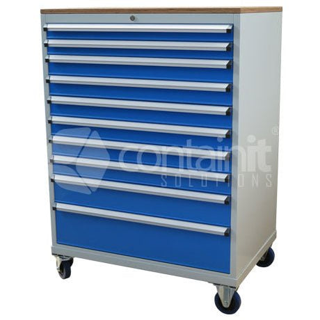 1390mm Series Storeman® Tools & Parts Trolleys - 10 Drawer Cabinet with Castors & Ply Top - Containit Solutions