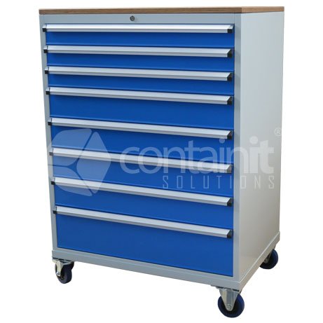 1390mm Series Storeman® Tools & Parts Trolleys - 8 Drawer Cabinet with Castors & Ply Top - Containit Solutions