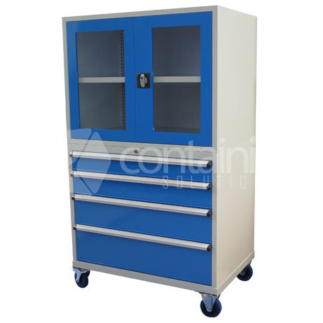 1750mm Series Storeman® Tool & Parts Trolleys - 4 Drawer Cabinet with Castors & Clear Doors - Containit Solutions