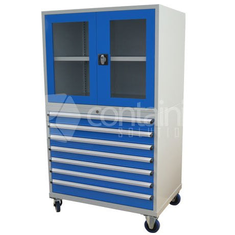 1750mm Series Storeman® Tool & Parts Trolleys - 7 Drawer Cabinet with Castors & Clear Doors - Containit Solutions