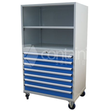 1750mm Series Storeman® Tool & Parts Trolleys - 7 Drawer Cabinet with Castors & Open Top - Containit Solutions