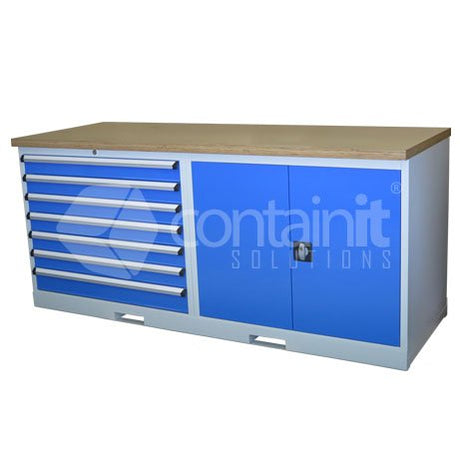 Storeman® Workstation Ply Timber Bench Range - 7 Drawer & Cupboard - Containit Solutions