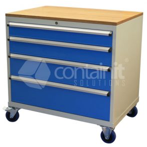980mm Series Storeman® Tool & Parts Trolleys - 4 Drawer Cabinet with Castors & Ply Top - Containit Solutions