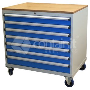 980mm Series Storeman® Tool & Parts Trolleys - 7 Drawer Cabinet with Castors & Ply Top - Containit Solutions