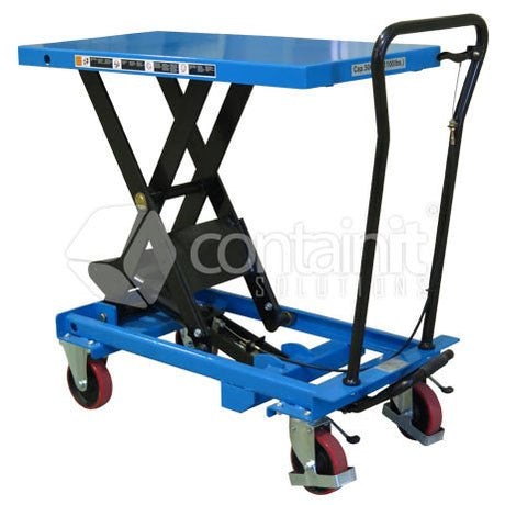 Manual Mobile Scissor Lift Trolleys - 150kg Manual Mobile Lift Table Trolley - Containit Solutions