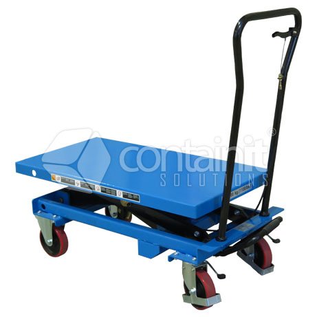 Manual Mobile Scissor Lift Trolleys - 150kg Manual Mobile Lift Table Trolley - Containit Solutions