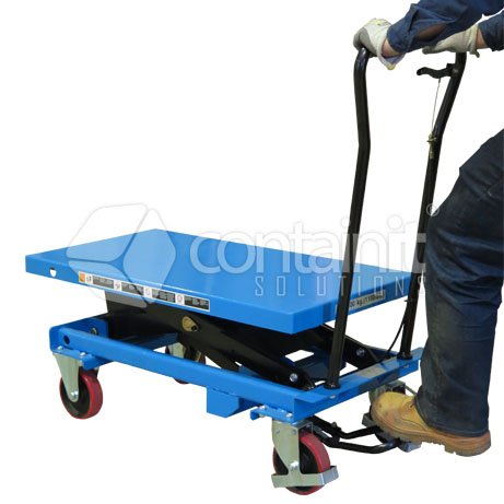 Manual Mobile Scissor Lift Trolleys - 150kg Manual Mobile Lift Table Trolley - Containit Solutions