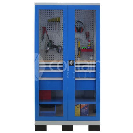 1010 Series Storeman® Workstation Cabinets with Clear Doors - 3 Drawer Workstation with 1 Shelf - Containit Solutions