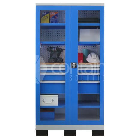 1010 Series Storeman® Workstation Cabinets with Clear Doors - 3 Drawer Workstation with 3 Shelves - Containit Solutions