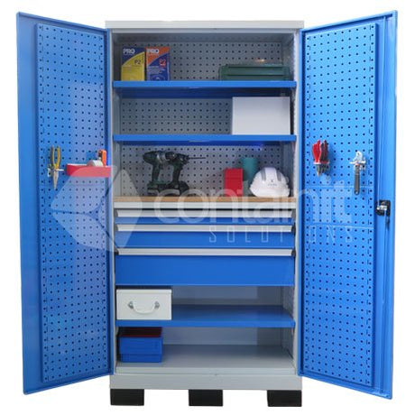 1010 Series Storeman® Workstation Cabinets with Metal Doors - 3 Drawer Workstation with 3 Shelves - Containit Solutions
