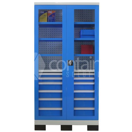 1010 Series Storeman® Workstation Cabinets with Clear Doors - 6 Drawer Workstation with 3 Shelves - Containit Solutions