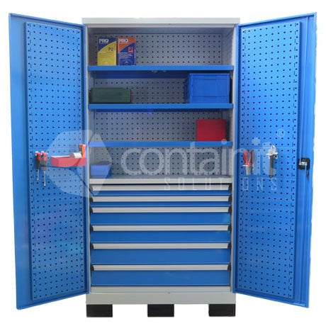 1010 Series Storeman® Workstation Cabinets with Metal Doors - 6 Drawer Workstation with 3 Shelves - Containit Solutions